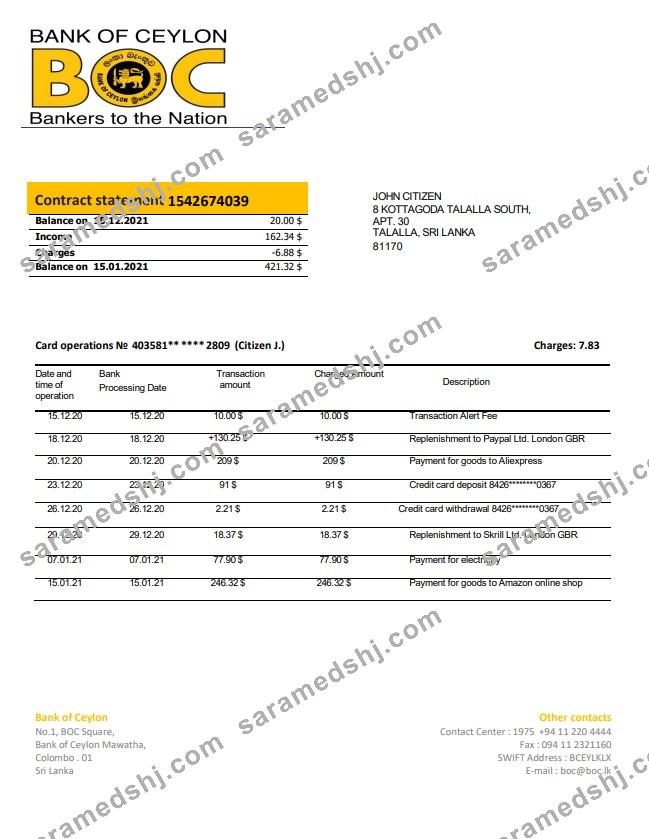 Sri Lanka Bank of Ceylon bank statement template in Word and PDF format, good for address prove